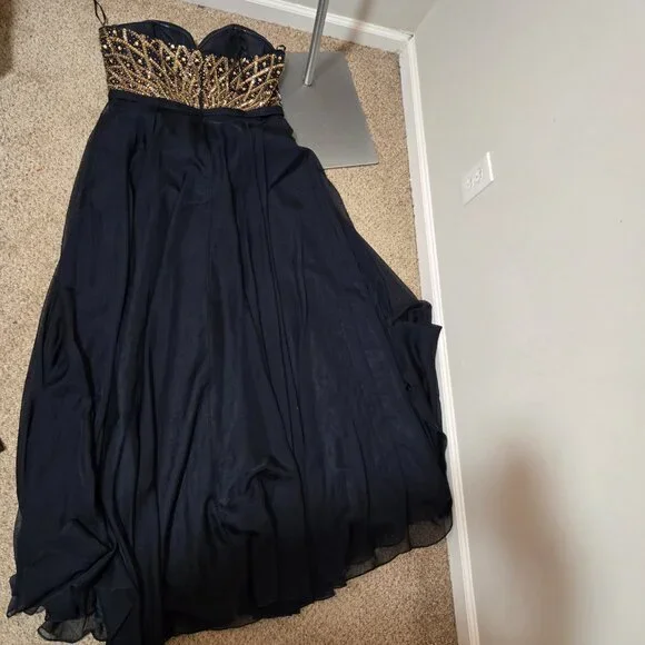 Sz 18 Alyce Paris 6573 Navy Chiffon Strapless Sweetheart Gown Gold Citrine Stone - Picture 5 of 12